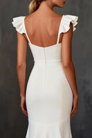 Load image into Gallery viewer, White Satin Cap Sleeves Mermaid Sweep Train Rehearsal Dinner Dress with Ruffles