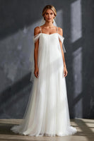Load image into Gallery viewer, White Tulle Cold Shoulder Pleated A Line Sweep Train Rehearsal Dinner Dress