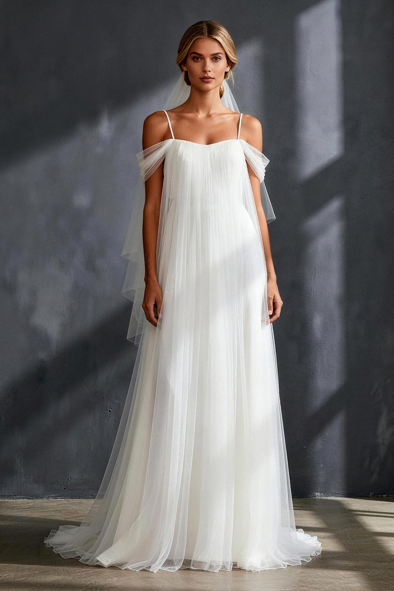 Load image into Gallery viewer, White Tulle Cold Shoulder Pleated A Line Sweep Train Rehearsal Dinner Dress
