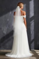 Load image into Gallery viewer, White Tulle Cold Shoulder Pleated A Line Sweep Train Rehearsal Dinner Dress