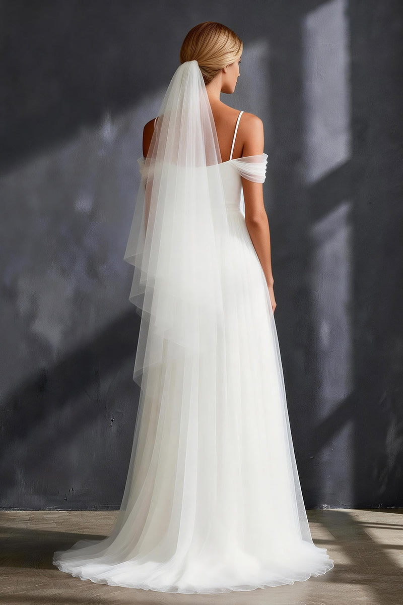 Load image into Gallery viewer, White Tulle Cold Shoulder Pleated A Line Sweep Train Rehearsal Dinner Dress