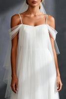 Load image into Gallery viewer, White Tulle Cold Shoulder Pleated A Line Sweep Train Rehearsal Dinner Dress