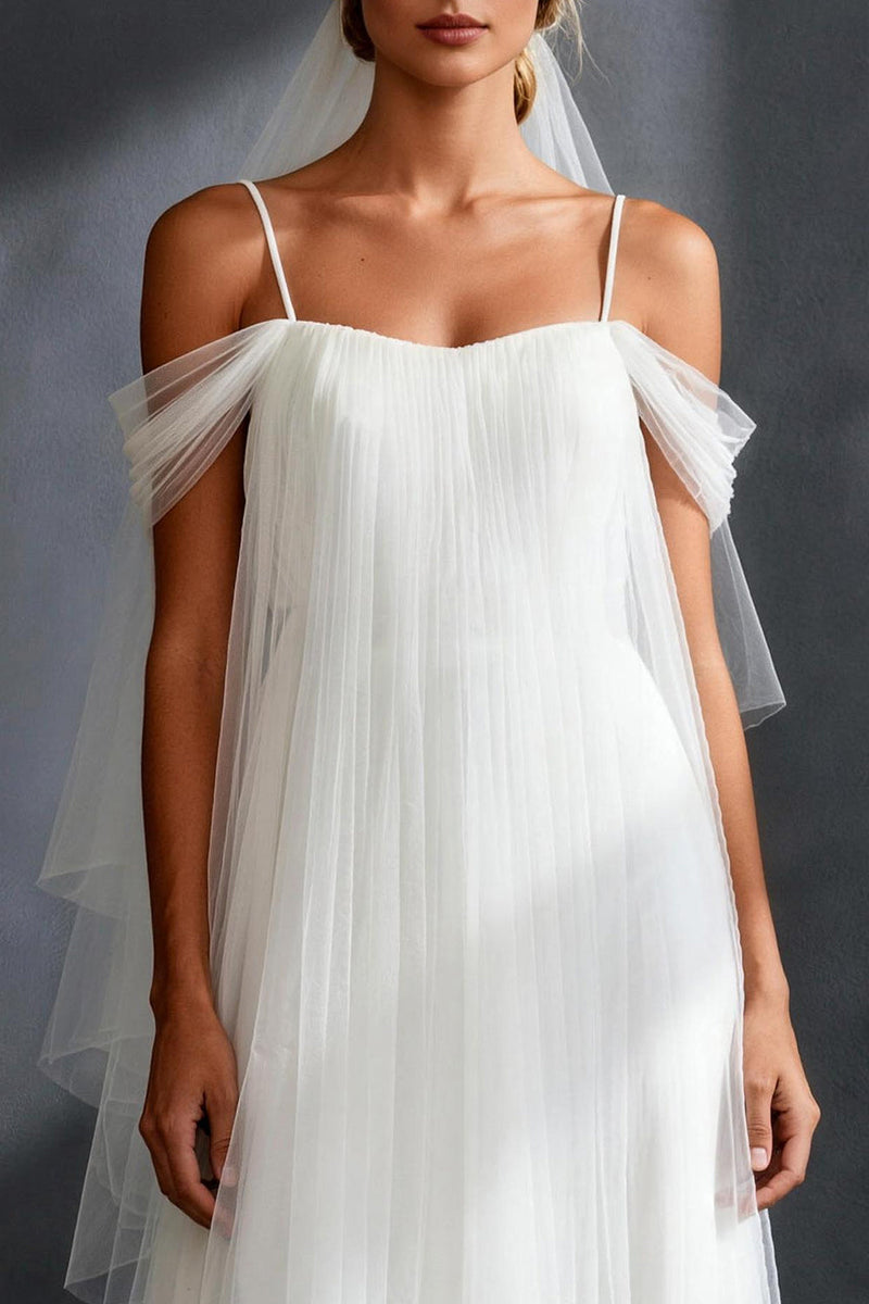 Load image into Gallery viewer, White Tulle Cold Shoulder Pleated A Line Sweep Train Rehearsal Dinner Dress