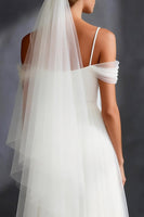 Load image into Gallery viewer, White Tulle Cold Shoulder Pleated A Line Sweep Train Rehearsal Dinner Dress