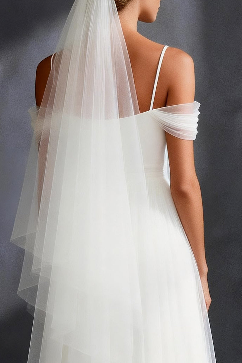 Load image into Gallery viewer, White Tulle Cold Shoulder Pleated A Line Sweep Train Rehearsal Dinner Dress