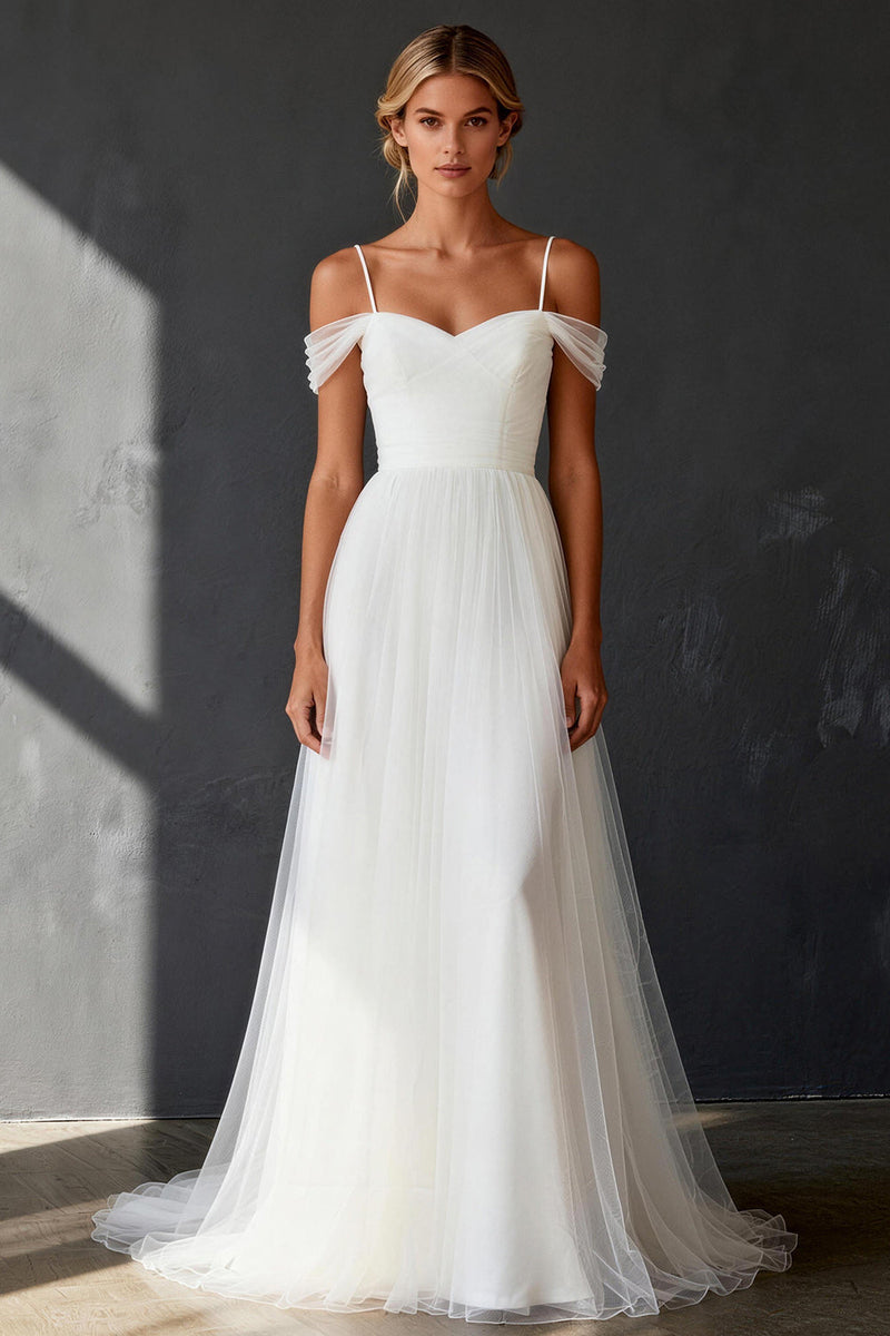 Load image into Gallery viewer, White Tulle A Line Cold Shoulder Sweep Train Rehearsal Dinner Dress