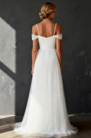 Load image into Gallery viewer, White Tulle A Line Cold Shoulder Sweep Train Rehearsal Dinner Dress