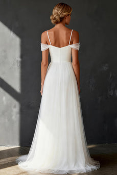 White Tulle A Line Cold Shoulder Sweep Train Rehearsal Dinner Dress