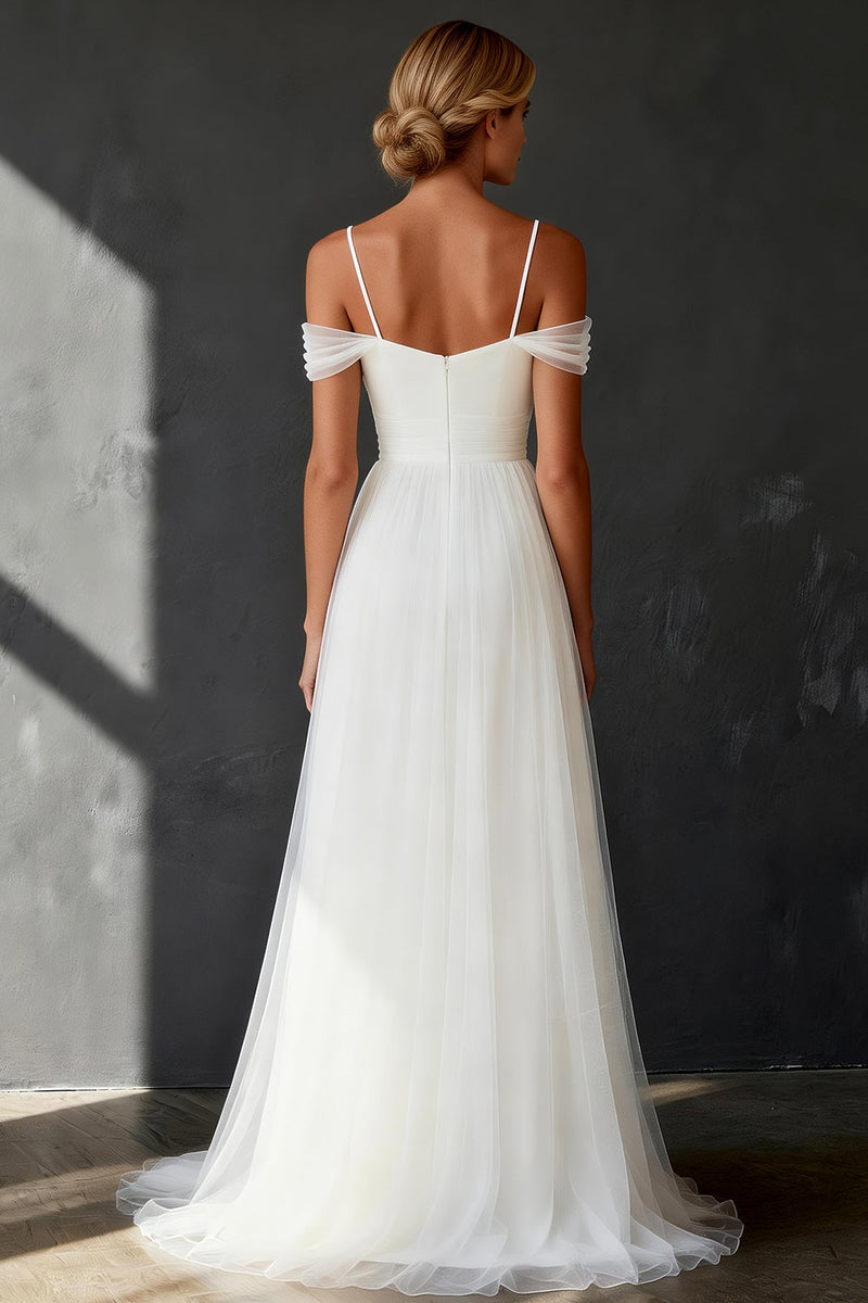 Load image into Gallery viewer, White Tulle A Line Cold Shoulder Sweep Train Rehearsal Dinner Dress