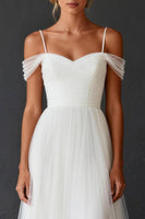 Load image into Gallery viewer, White Tulle A Line Cold Shoulder Sweep Train Rehearsal Dinner Dress