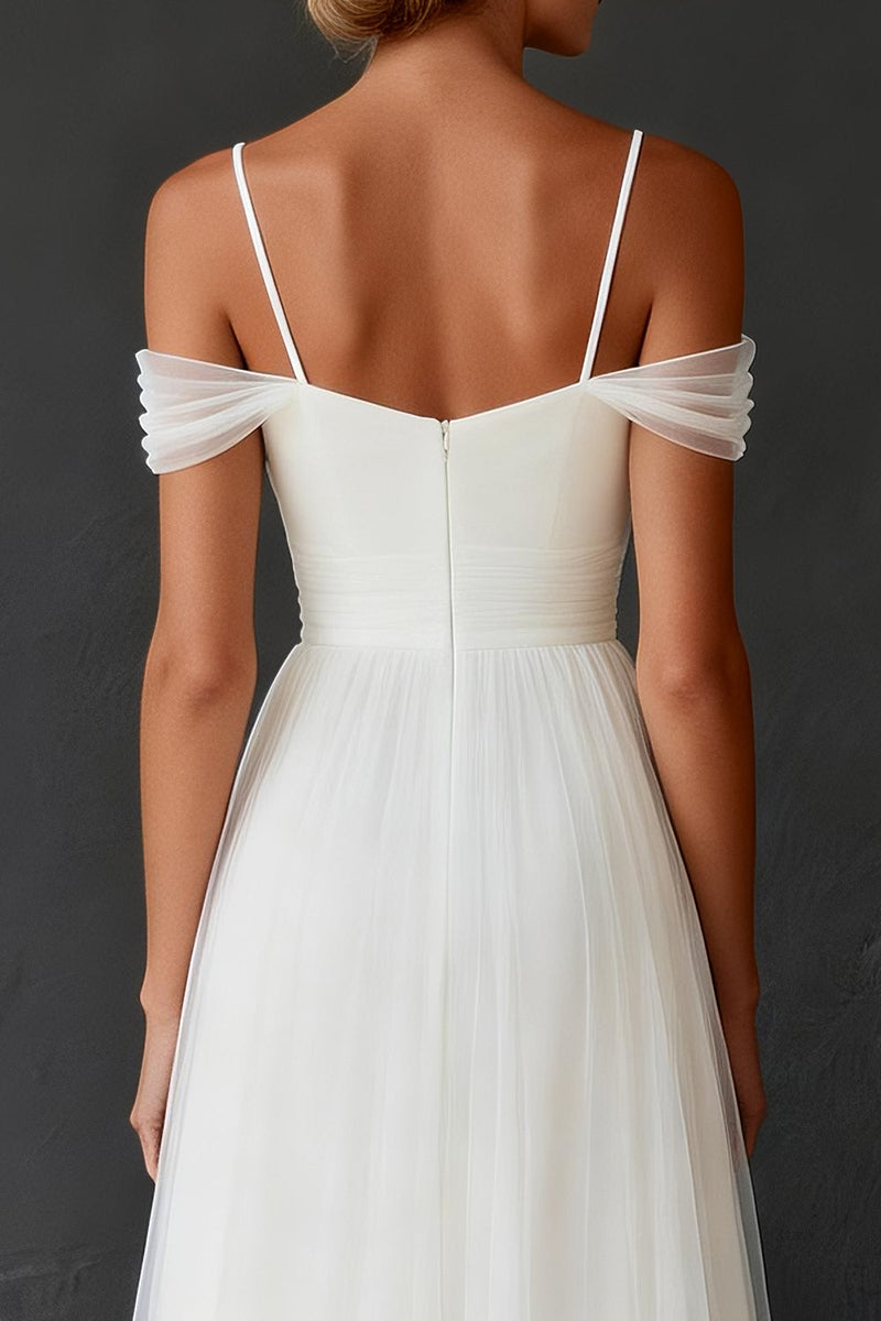 Load image into Gallery viewer, White Tulle A Line Cold Shoulder Sweep Train Rehearsal Dinner Dress