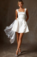 Load image into Gallery viewer, White A Line Short Satin Bridal Shower Dress with Streamer