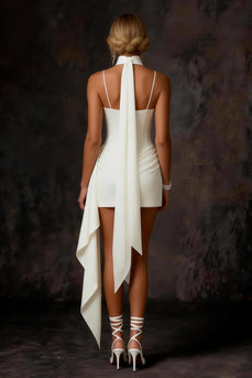 White Satin Corset Ruched Bodycon Short Bridal Shower Dress with Streamer