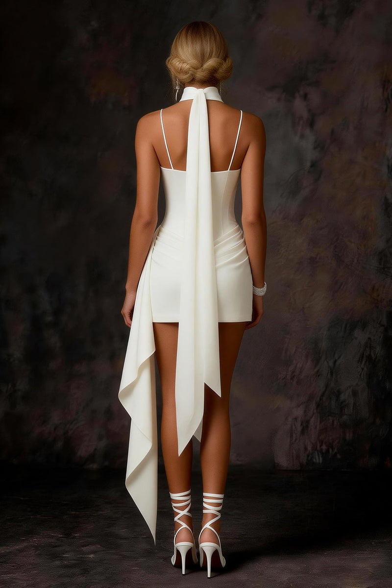 Load image into Gallery viewer, White Satin Corset Ruched Bodycon Short Bridal Shower Dress with Streamer