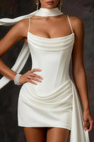 Load image into Gallery viewer, White Satin Corset Ruched Bodycon Short Bridal Shower Dress with Streamer