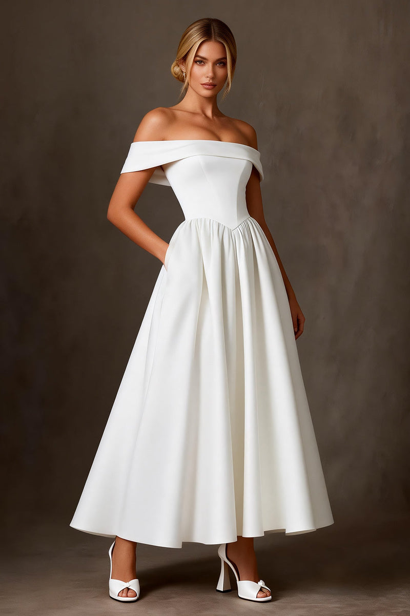 Load image into Gallery viewer, White Satin A Line Off The Shoulder Ankle Length Rehearsal Dinner Dress
