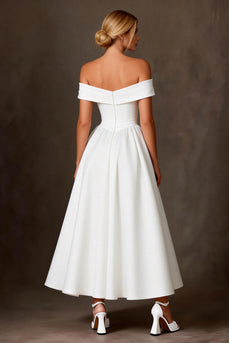 White Satin A Line Off The Shoulder Ankle Length Rehearsal Dinner Dress