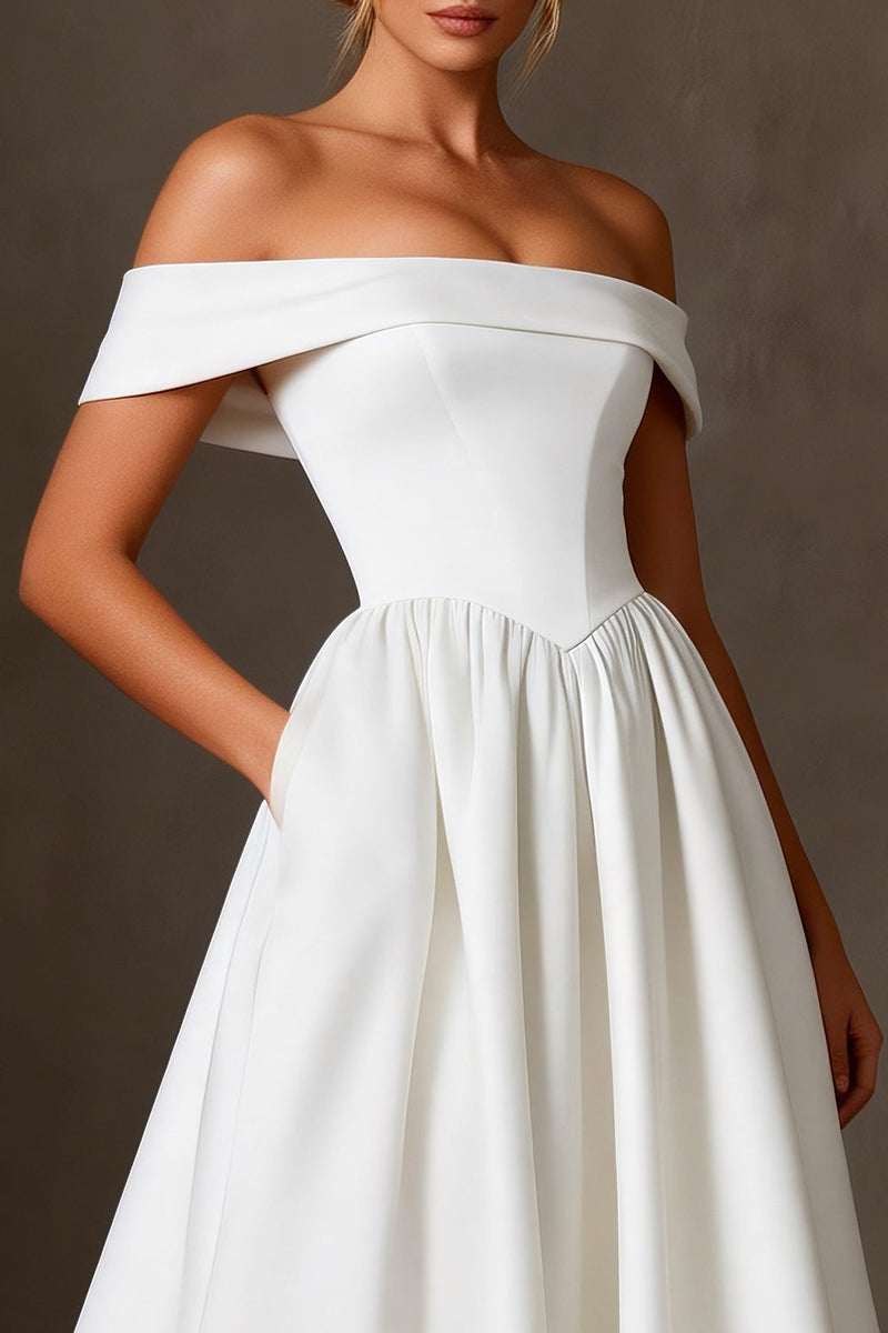 Load image into Gallery viewer, White Satin A Line Off The Shoulder Ankle Length Rehearsal Dinner Dress