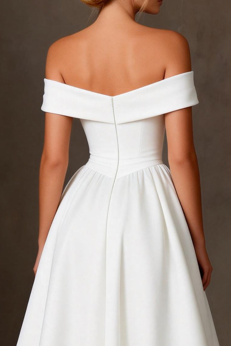 Load image into Gallery viewer, White Satin A Line Off The Shoulder Ankle Length Rehearsal Dinner Dress