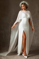 Load image into Gallery viewer, White Chiffon Spaghetti Straps Mermaid Floor Length Rehearsal Dinner Dress with Cape