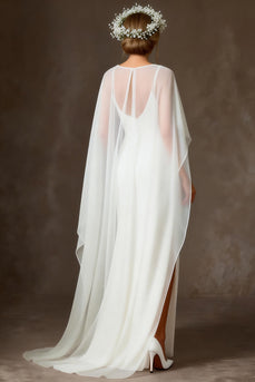 White Chiffon Spaghetti Straps Mermaid Floor Length Rehearsal Dinner Dress with Cape