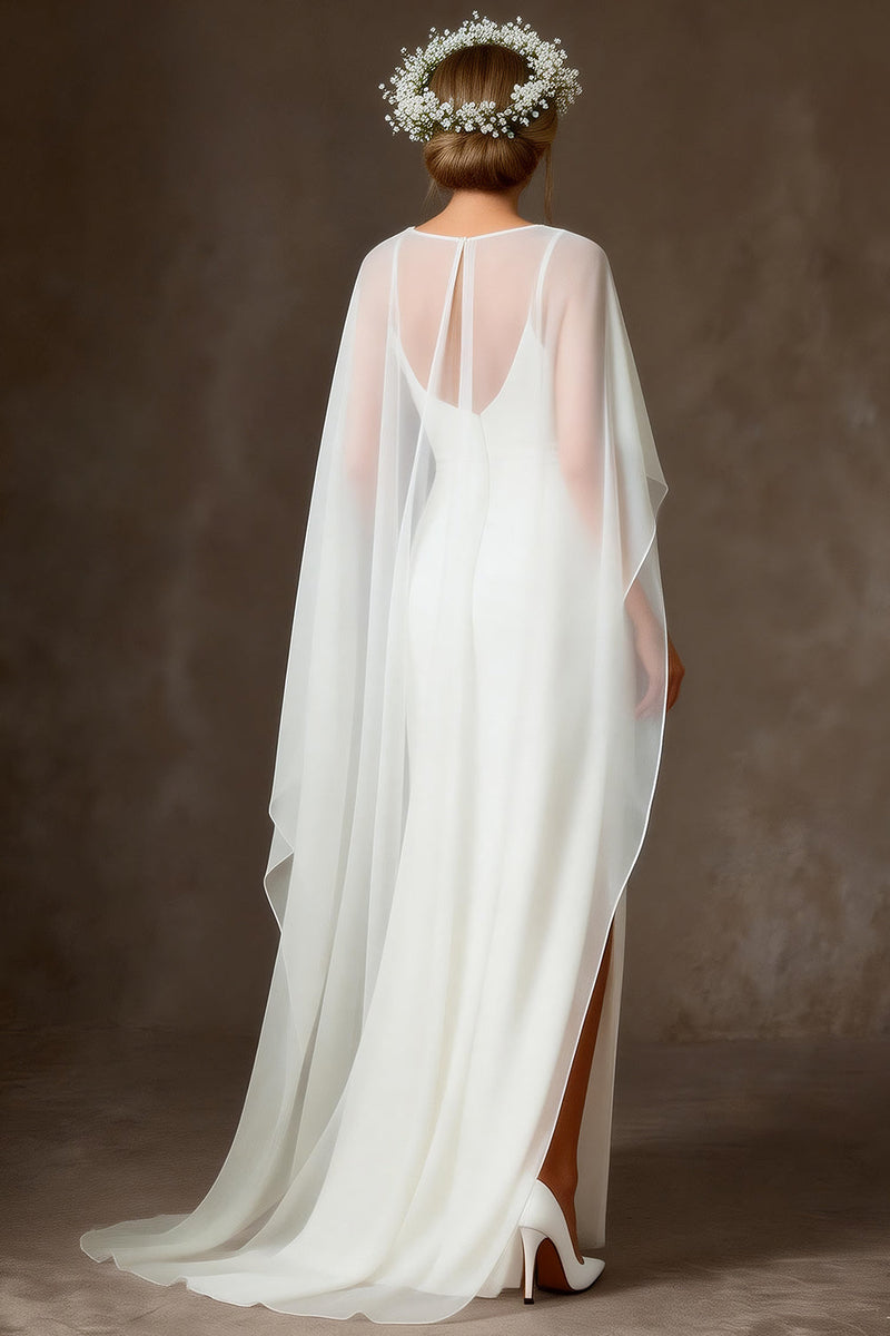 Load image into Gallery viewer, White Chiffon Spaghetti Straps Mermaid Floor Length Rehearsal Dinner Dress with Cape