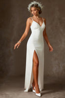 Load image into Gallery viewer, White Chiffon Spaghetti Straps Mermaid Floor Length Rehearsal Dinner Dress with Cape