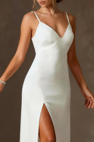 Load image into Gallery viewer, White Chiffon Spaghetti Straps Mermaid Floor Length Rehearsal Dinner Dress with Cape