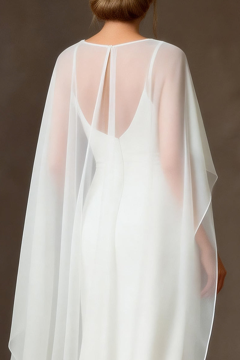 Load image into Gallery viewer, White Chiffon Spaghetti Straps Mermaid Floor Length Rehearsal Dinner Dress with Cape