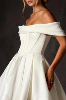 Load image into Gallery viewer, White Off The Shoulder Ruched A Line Short Corset Bridal Shower Dress