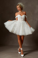 Load image into Gallery viewer, White Tulle Cold Shoulder Appliqued A Line Corset Short Bridal Shower Dress
