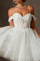 Load image into Gallery viewer, White Tulle Cold Shoulder Appliqued A Line Corset Short Bridal Shower Dress