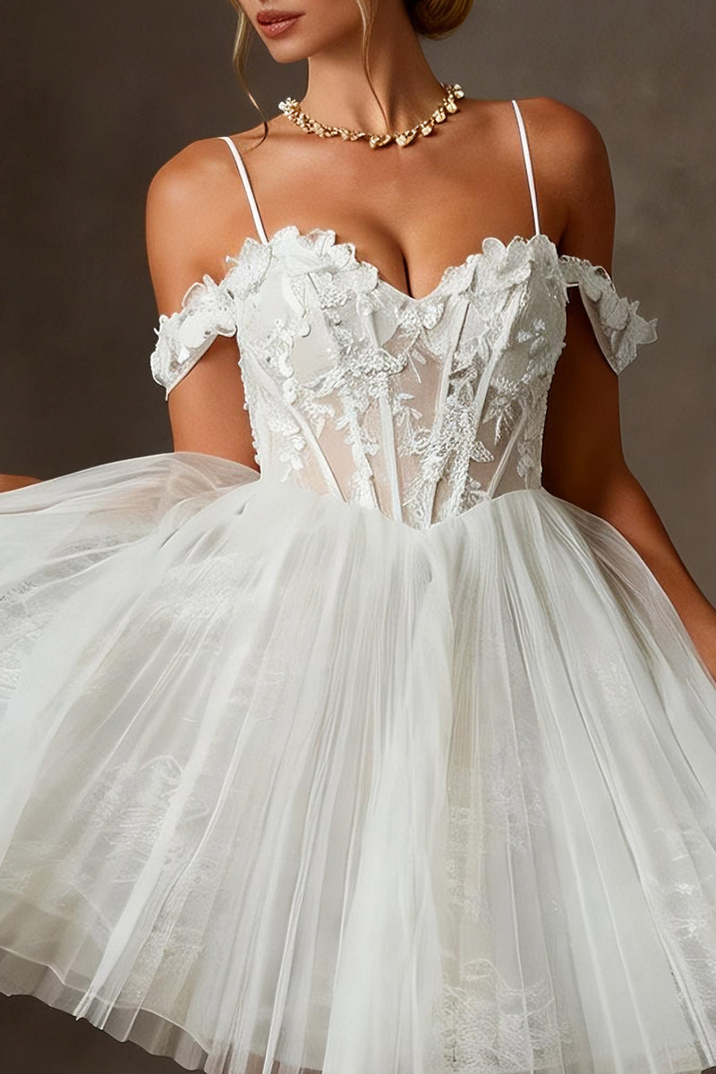 Load image into Gallery viewer, White Tulle Cold Shoulder Appliqued A Line Corset Short Bridal Shower Dress