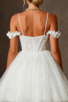 Load image into Gallery viewer, White Tulle Cold Shoulder Appliqued A Line Corset Short Bridal Shower Dress