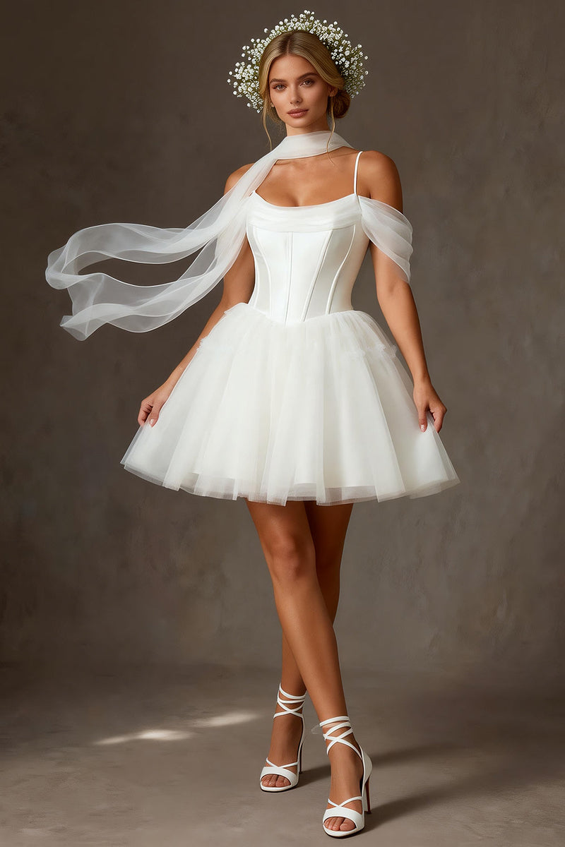 Load image into Gallery viewer, White Tulle A Line Cold Shoulder Corset Short Bridal Shower Dress