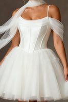 Load image into Gallery viewer, White Tulle A Line Cold Shoulder Corset Short Bridal Shower Dress
