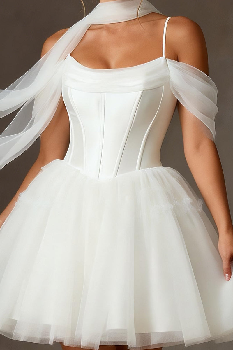 Load image into Gallery viewer, White Tulle A Line Cold Shoulder Corset Short Bridal Shower Dress