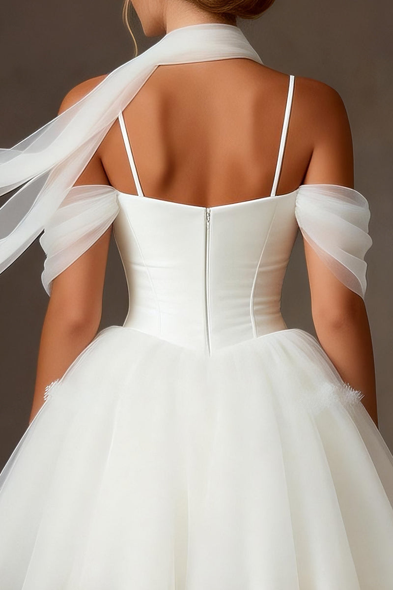 Load image into Gallery viewer, White Tulle A Line Cold Shoulder Corset Short Bridal Shower Dress