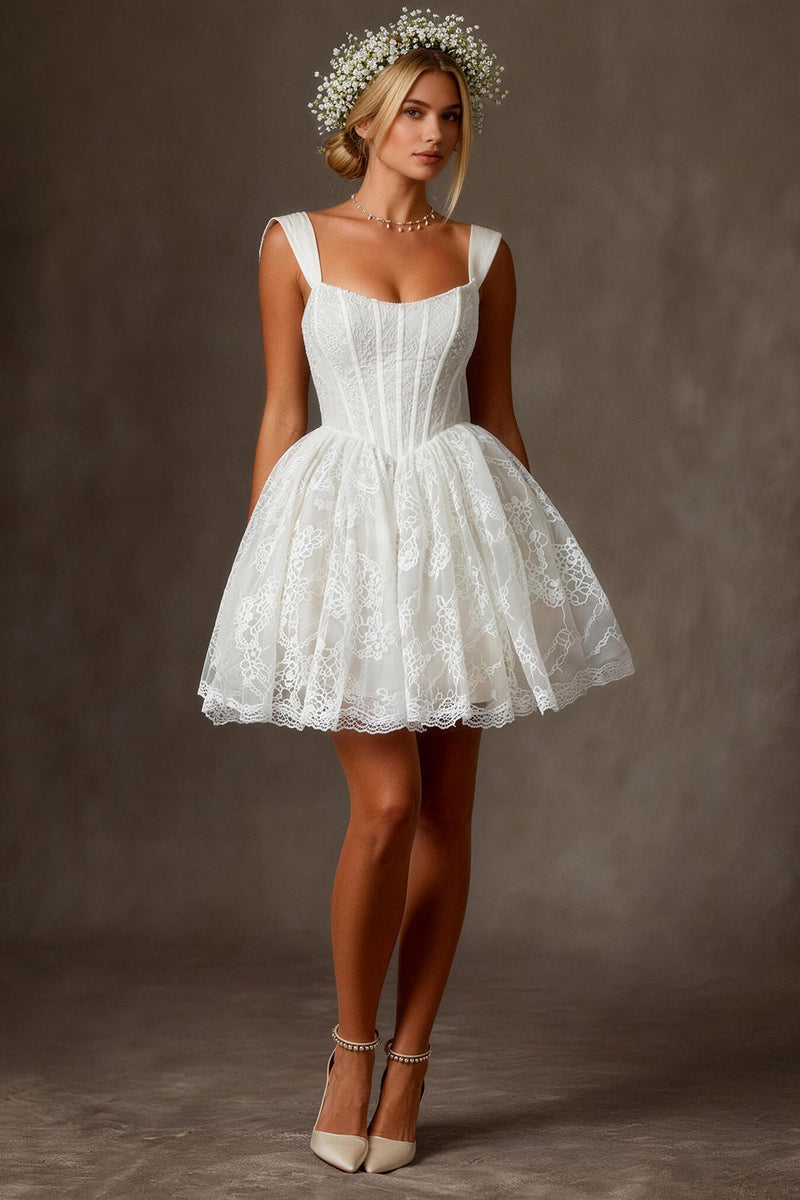 Load image into Gallery viewer, White Lace A Line Thick Straps Corset Short Bridal Shower Dress