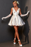Load image into Gallery viewer, White Satin A Line V Neck Short Bridal Shower Dress