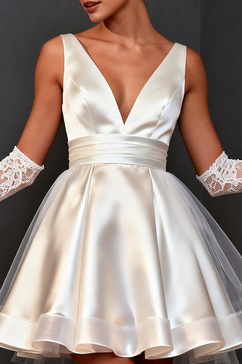 Load image into Gallery viewer, White Satin A Line V Neck Short Bridal Shower Dress