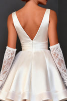 Load image into Gallery viewer, White Satin A Line V Neck Short Bridal Shower Dress