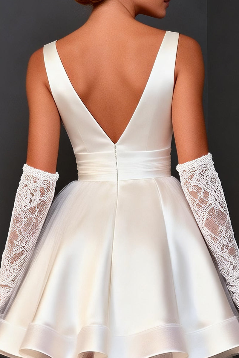 Load image into Gallery viewer, White Satin A Line V Neck Short Bridal Shower Dress