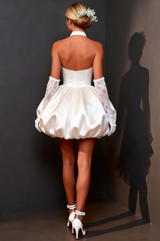White Satin Halter A Line Keyhole Short Bridal Shower Dress