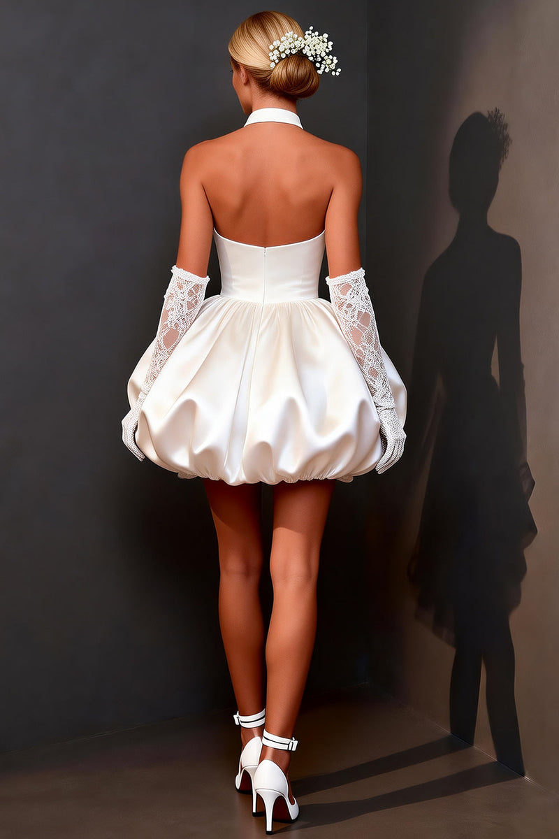 Load image into Gallery viewer, White Satin Halter A Line Keyhole Short Bridal Shower Dress