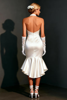 White Satin Bodycon Halter High-Low Rehearsal Dinner Dress with Ruffles