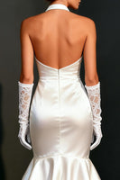 Load image into Gallery viewer, White Satin Bodycon Halter High-Low Rehearsal Dinner Dress with Ruffles