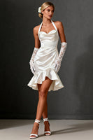 Load image into Gallery viewer, White Satin Bodycon Ruffled Halter Short Bridal Shower Dress