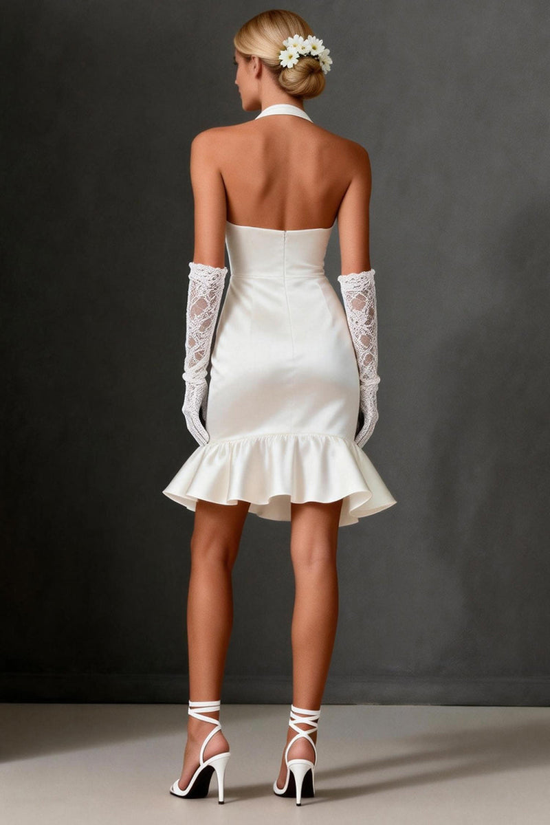 Load image into Gallery viewer, White Satin Bodycon Ruffled Halter Short Bridal Shower Dress