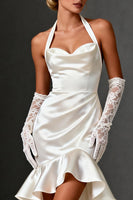 Load image into Gallery viewer, White Satin Bodycon Ruffled Halter Short Bridal Shower Dress